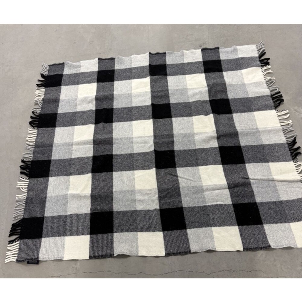 Pendleton 100% Wool Plaid Throw Blanket Black Gray Cream Fringe Made USA